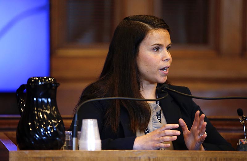 Deputy District Attorney Jennifer Ackerman testifies during Friday's hearing on the case against 17 Black Lives Matter protesters.