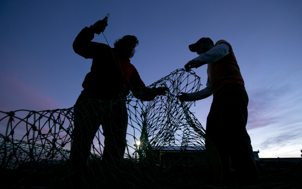 Fishermen mend groundfishing nets in Portland in this 2013 photo. Congress is considering a bill that would make competitive grants available to support new and established training, education and technical programs for young fishermen.