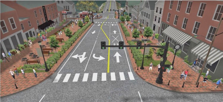 This rendering shows some changes proposed for downtown Wiscasset that include installing new traffic lights and turn-out lanes at intersections. The Maine Department of Transportation planned to move forward with the plan despite withdrawal of support by the town selectboard.