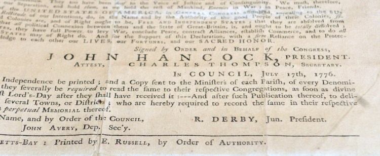 John Hancock's name is seen on a copy of the Declaration of Independence in the Maine State Museum. The Fourth of July is not the birthday of our rights, but the birthday of a government that would secure those rights.