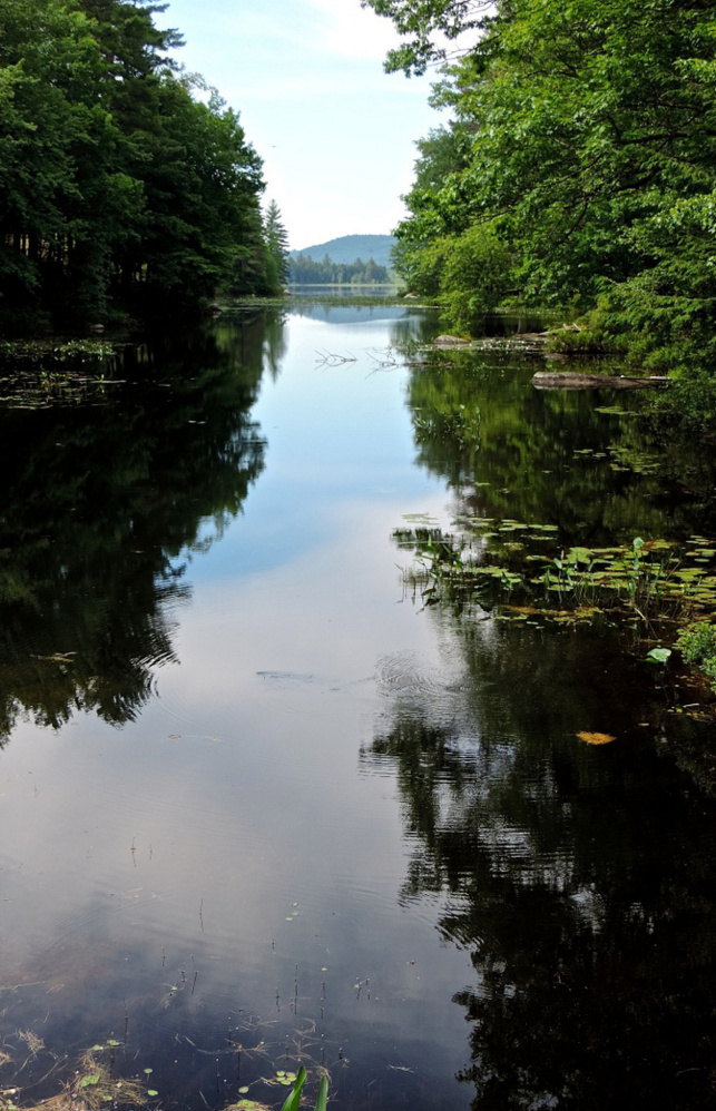 The put-in area for Upper Kimball Pond is a narrow channel leading out into to main pond.