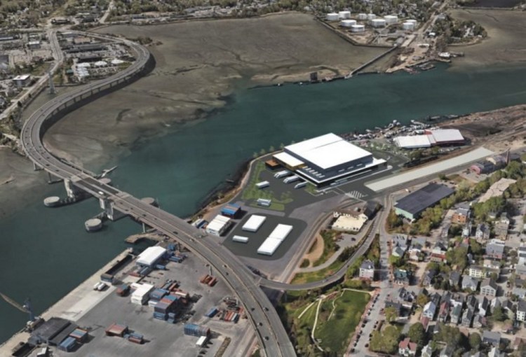 A rendering of the proposed cold-storage warehouse (large building with white roof) along Commercial Street in Portland. The existing Portland Yacht Services facility is to the right.