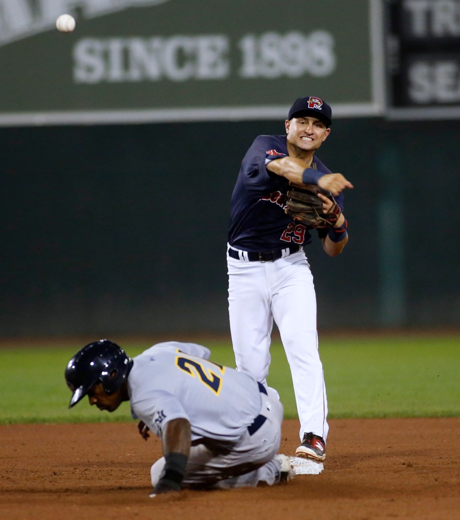 Nick Lovullo of Portland throws to first after forcing out Tito Polo in the sixth inning.