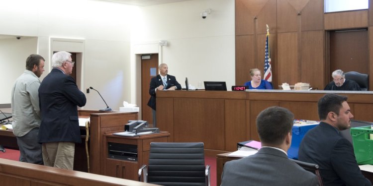 Alexander Biddle, 23, of Pittston far left, pleads not guilty to a manslaughter charge at the Capital Judicial Center in Augusta on Thursday before Justice Donald Marden.