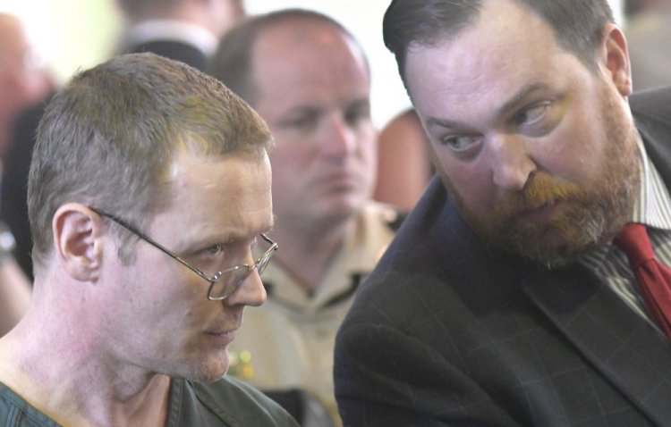 Michael Sean McQuade, left, confers Tuesday with his attorney, Andrew Wright, while entering a plea of guilty to a felony murder charge at Lincoln County Superior Court in Wiscasset.