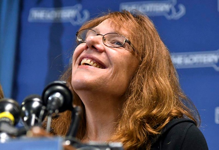 Mavis Wanczyk, of Chicopee, Mass., appears at a news conference after claiming the $758.7 million Powerball prize at Massachusetts State Lottery headquarters, Thursday in Braintree, Mass. 