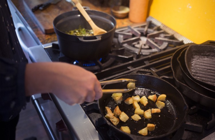 Croutons add contrasting texture to Broccoli Greens with Smoky Bacon.