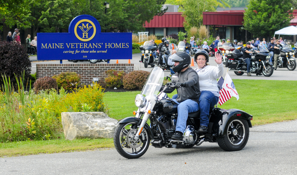 Dozens of bikers in the 2017 Maine Fallen Heroes Bike Run head for Lewiston on Saturday from the Maine Veterans' Home in Augusta.