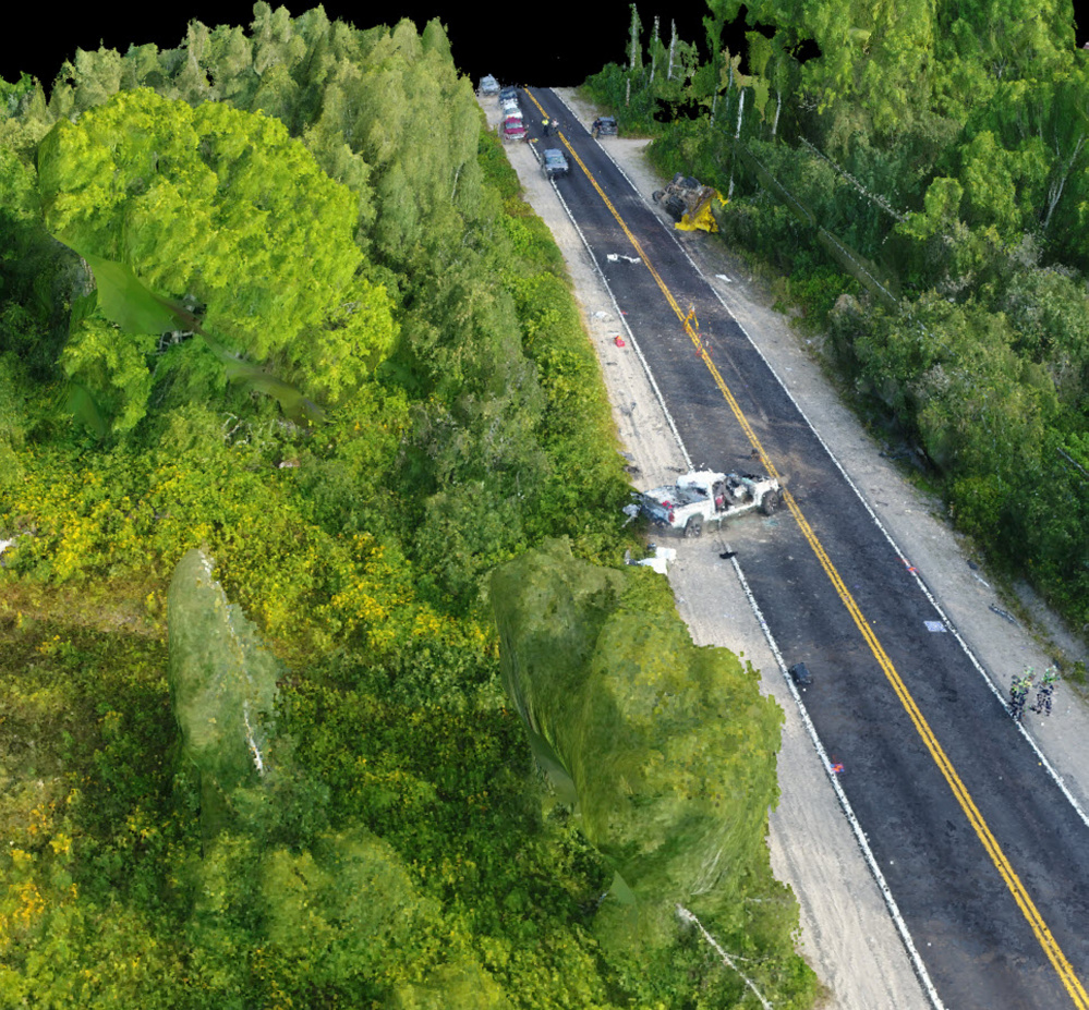 A photo taken by a Maine State Police drone shows a recent crash in Northfield that involved a pickup truck crashing into a blueberry truck.