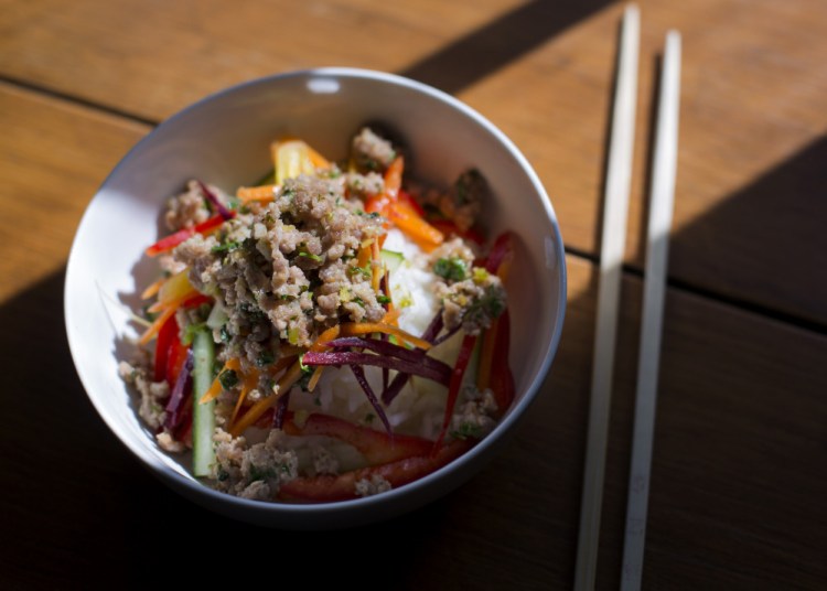 Crispy pork and vegetable rice bowls.