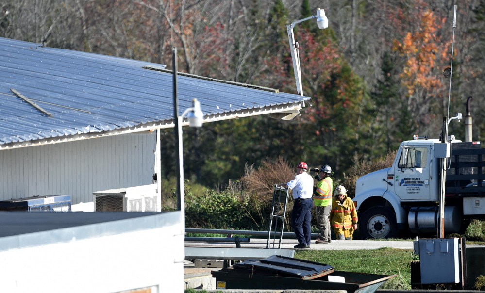 Firefighters from Pittsfield, Corinna, Newport, Detroit, Skowhegan and Plymouth, officials from the Maine Department of Environmental Protection and Somerset County Sheriff's deputies and Maine State Police converged Wednesday on Northeast Agricultural Sales on Route 100 in Detroit after a report of a sulfur explosion.