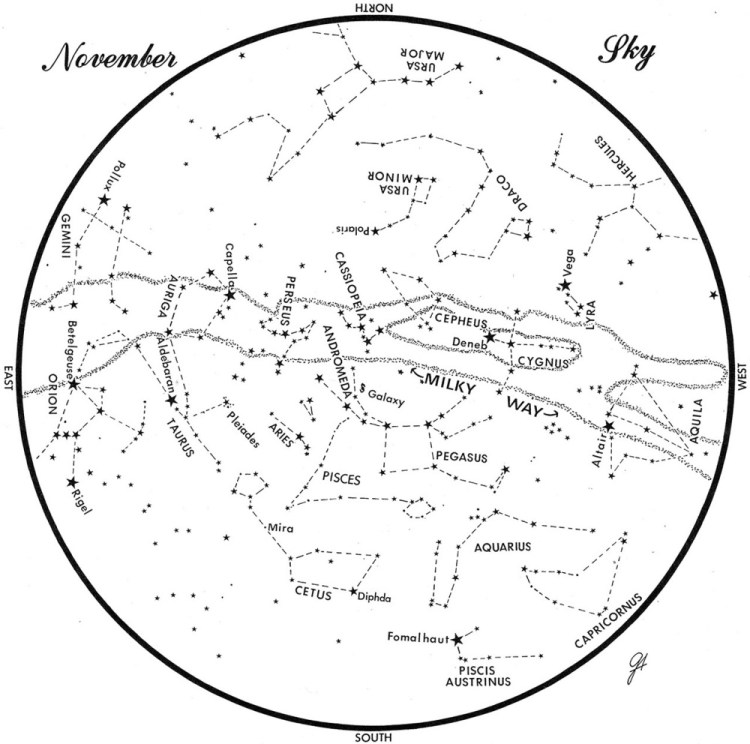 SKY GUIDE: This chart represents the sky as it appears over Maine during November. The stars are shown as they appear at 10:30 p.m. early in the month, at 8:30 p.m. at midmonth and at 7:30 p.m. at month's end. No planets are visible at map time. To use the map, hold it vertically and turn it so that the direction you are facing is at the bottom. Sky chart prepared by George Ayers.