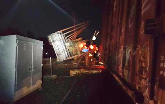 The scene in Danforth on Wednesday night after the collision of a train and a tractor-trailer.