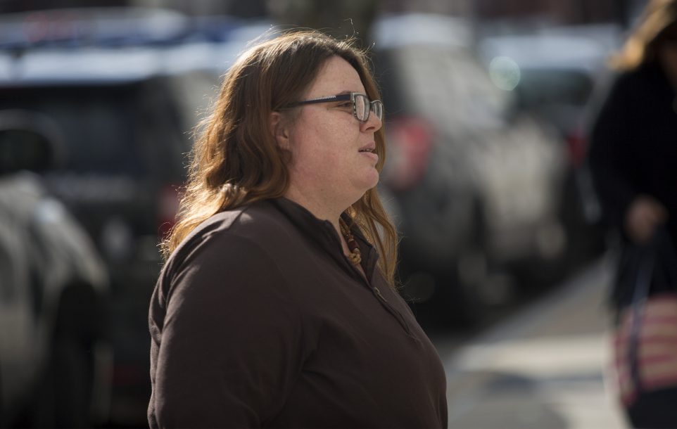 Hope Cady walks to the Cumberland County Courthouse in Portland on Tuesday prior to taking the stand as a witness in the post-conviction review of Anthony Sanborn, who spent 27 years in prison for the slaying of Jessica L. Briggs.