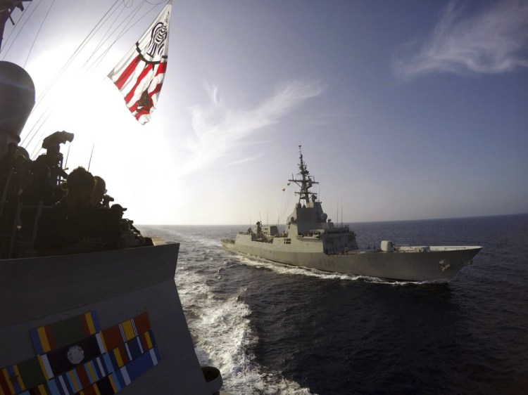 The Spanish navy frigate Alvaro de Bazan, right, cruises alongside the destroyer USS Carney, left, in the Mediterranean Sea. Bath Iron Works said this month it is partnering with the Spanish builder of the Alvaro de Bazan on a design for use in building 20 Navy frigates.