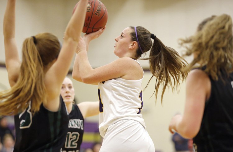 Abby Cavallaro, who finished with 14 points Tuesday night for Cheverus, finds room to shoot during a 47-44 victory against Bonny Eagle at Cheverus High.