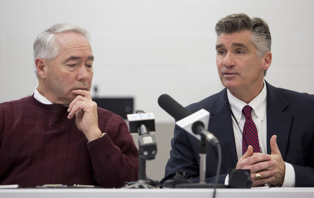 Maine Corrections Commissioner Joseph Fitzpatrick, left, and Associate Commissioner of Juvenile Services Colin O'Neill speak in the multipurpose room at Long Creek during a press conference Thursday. Fitzpatrick said corrections officials welcomed the audit this fall that ultimately concluded the juvenile detention center was understaffed and ill-equipped to meet residents' mental health needs.