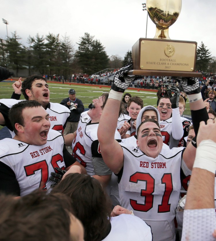 Owen Garrard proved adept not only on the football field for Scarborough High – leading the Red Storm to the Class A state championship as an outstanding two-way player – but also in the classroom, where he's a top student who has taken several honors and advanced placement classes.