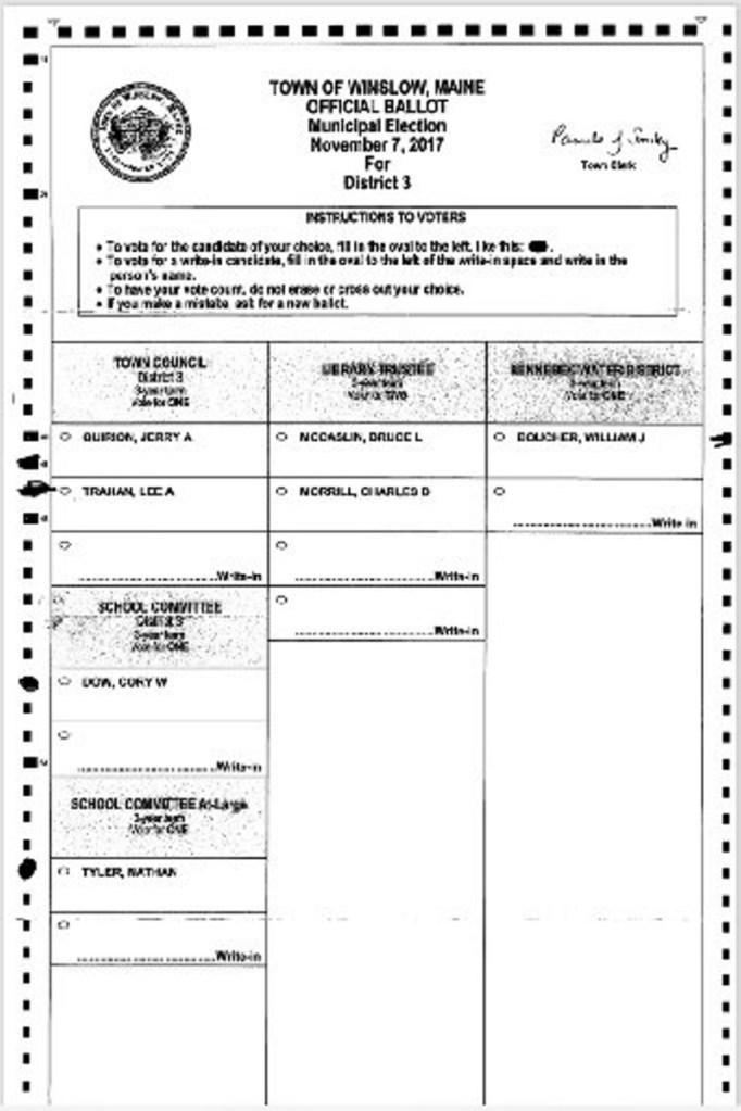 A contested Winslow election ballot was filled out improperly, but during a hand recount in the race for Town Council, the ballot was determined to have been cast in favor of Lee Trahan. Incumbent Councilor Jerry Quirion challenged the ballot, calling it's invalid. The Maine Supreme Judicial court found in favor of Quirion on Thursday.