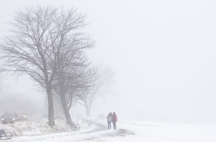 Kerri Smith and Allison Keely, right, both of Portland, tread carefully on a path along the Eastern Promenade, which is shrouded in fog from the melting snow Friday. Cold temperatures are expected to return this weekend.