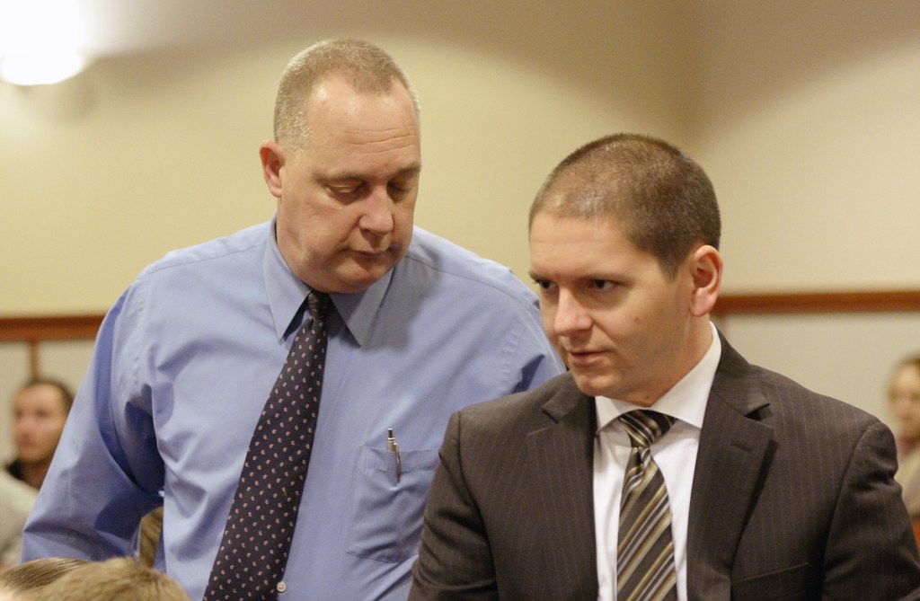 Jeffrey Linscott, left, appears at Cumberland County Courthouse with his attorney Tyler Smith to face charges of trafficking in fentanyl and cocaine in January.