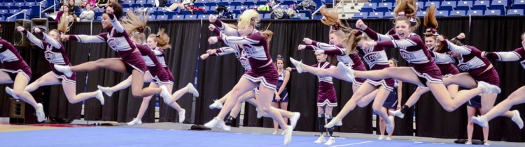 Freeport competes in the Class B South cheering championships Saturday at the Augusta Civic Center. The Falcons didn't advance to the state championships; Medomak Valley won Class B South followed by Gray-New Gloucester, Leavitt, Morse, Mountain Valley and Spruce Mountain. Biddeford captured Class A South and Lisbon was first in Class C South. Full results are on Page B2.