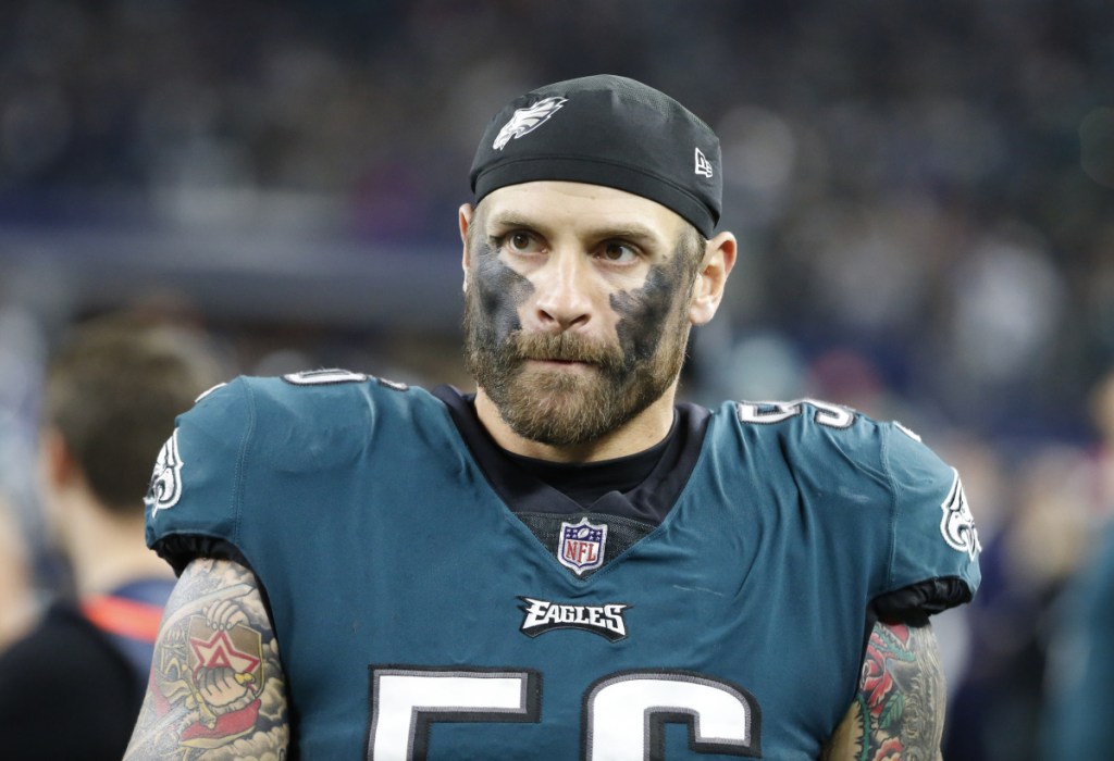 Philadelphia Eagles defensive end Chris Long (56) walks on the sidleline during an NFL football game against the Dallas Cowboys, Sunday, Nov. 19, 2017, in Arlington, Texas. (AP Photo/Michael Ainsworth)