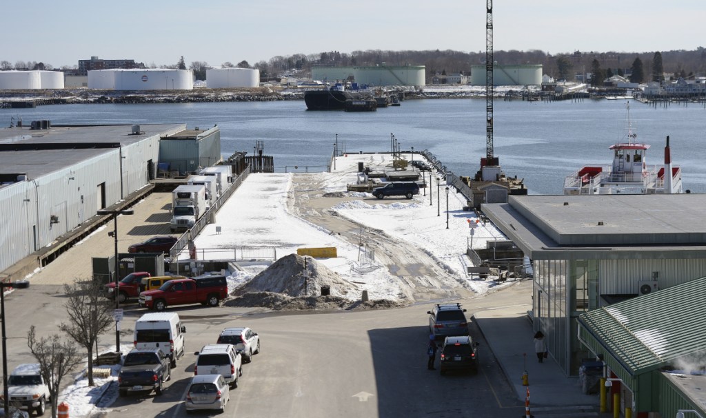 The Portland Ocean Terminal building is to the left of the Maine State Pier and the Caso Bay Ferry terminal is at right.