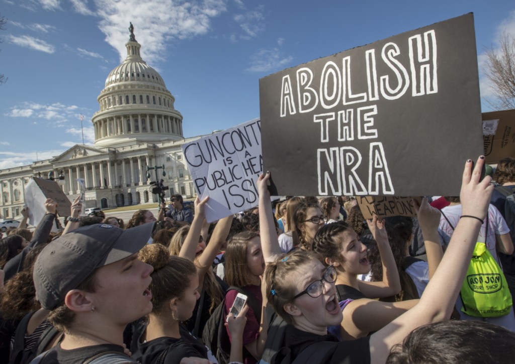 Students from Montgomery County in Maryland rally at the Capitol in Washington on Wednesday. A National School Walkout for gun safety is planned for April 20.