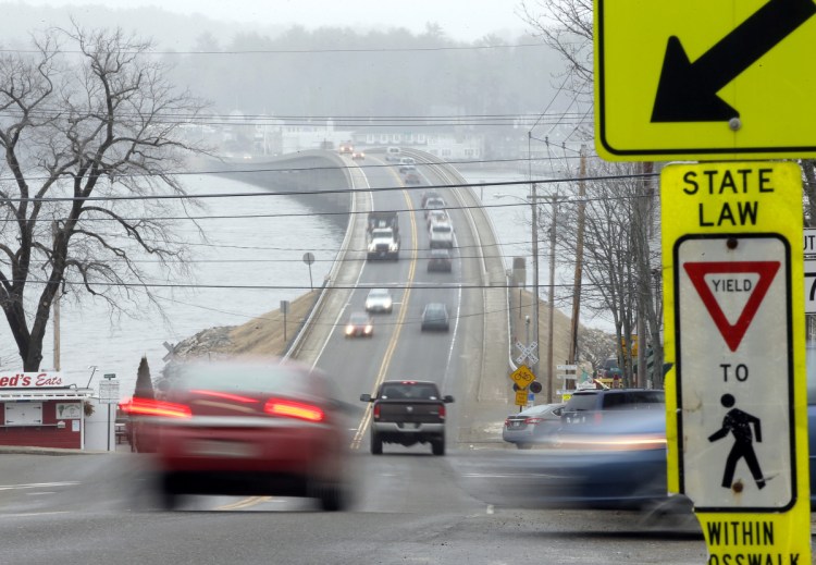 Vehicles leave downtown Wiscasset on Route 1. In the summer, traffic backs up for miles on the north and south approaches to the bridge over the Sheepscot River.