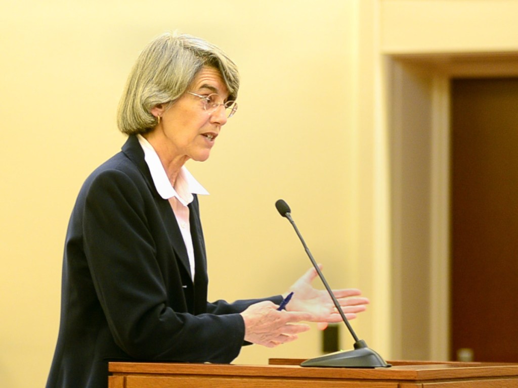 Assistant Attorney General Phyllis Gardiner speaks during Friday's hearing. She says Attorney General Janet Mills is not involved in the case.