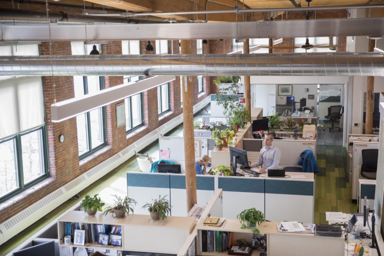 A view of some of the new open-concept space at the Nature Conservancy's office at Fort Andross in Brunswick. The nonprofit overhauled its office, making it as green as possible and prioritizing design aimed at bringing the outside inside.