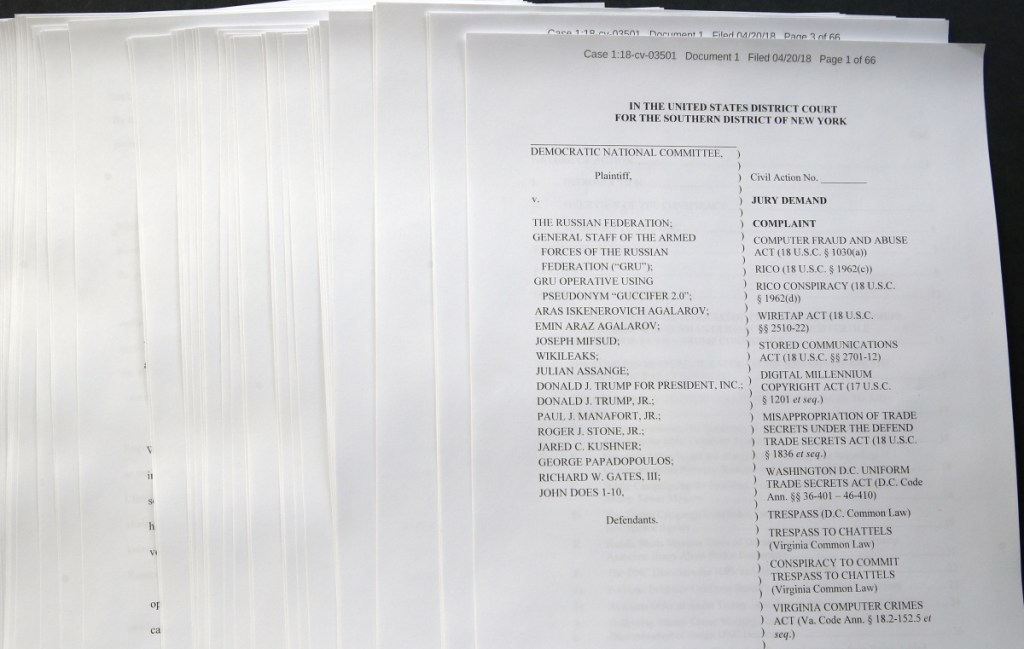 The Democratic Party filed a lawsuit Friday charging that President Trump's campaign, his son, his son-in-law, Russia and WikiLeaks conspired  to undercut Democrats in the 2016 election.
Associated Press/Alex Brandon