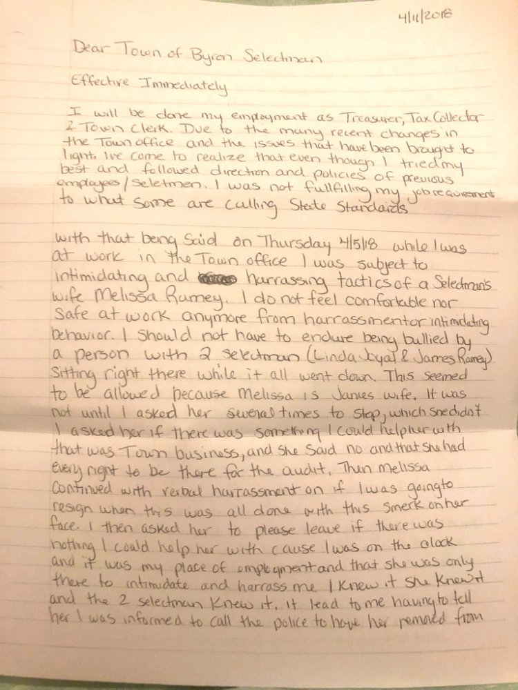 Page 1 of a three-page letter left for Byron selectmen by Allison Freeman, who resigned her position as town clerk.