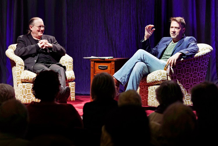 Outgoing PSO Music Director Robert Moody answers a question during a Maine Voices Live interview with Allan Kozinn on Tuesday night at One Longfellow Square in Portland.