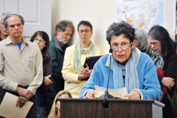 Speakers line up behind the lectern at City Hall Tuesday night for a public hearing on zoning changes that would allow a Norwegian company to apply to build a large land-based salmon farm.