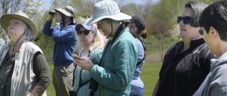 Cheryl Ring, center, takes note of birds she sighted Sunday at the Viles Arboretum in Augusta during training on how to gather data on avian species for the Maine Bird Atlas.