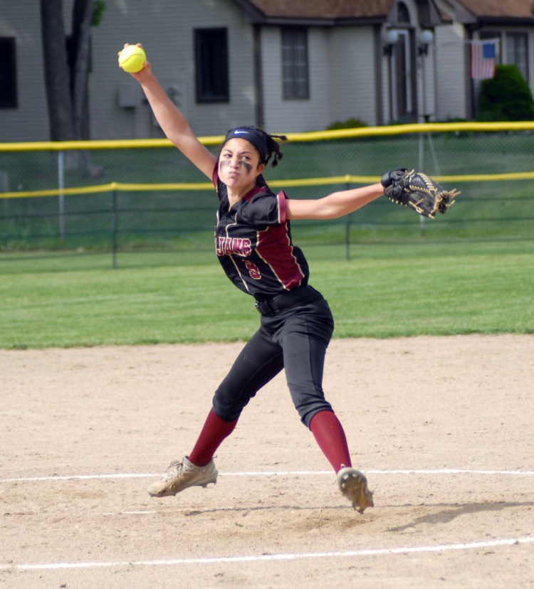 Thornton Academy's Louisa Colucci fires a pitch during Thursday's Class A South quarterfinal against Kennebunk.  PAT McDONALD/Journal Tribune