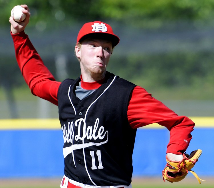 Hall-Dale's Dean Jackman delivers a pitch during the Class C South championship game Tuesday against Maranacook at St. Joseph's College in Standish.