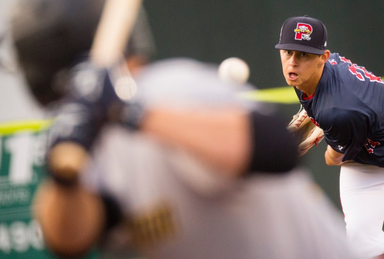 Portland pitcher Matt Kent delivers a pitch to Trenton in Friday night's game at Hadlock Field. Kent allowed one run in six innings to win his second straight start.