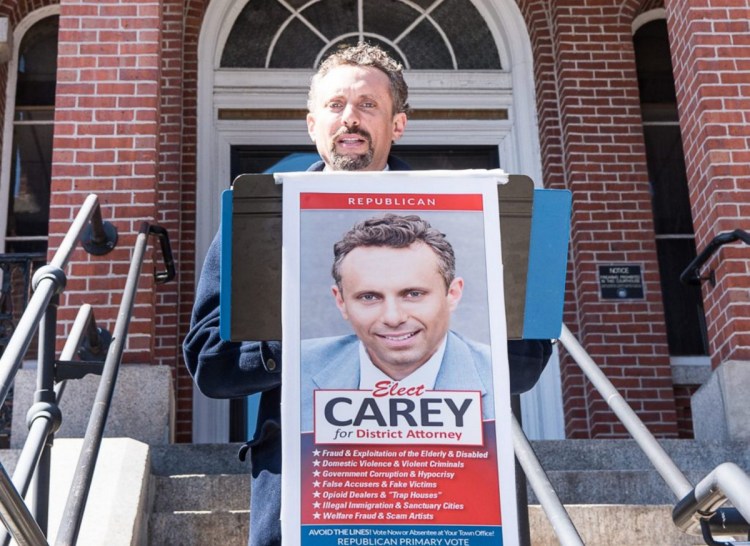 Seth Carey holds a news conference in Auburn on April 9. Seth Carey, who has been accused of sexual abuse and whose law license is suspended, is moving ahead with his campaign.