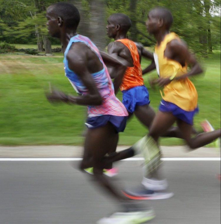 The lead pack in last year's race included, from left, Stephen Sambu, Leonard Kiplimo-Barsoton and Stephen Kosgei-Kibet, all of Kenya. Kosgei-Kibet won the race. This year, three Kenyans and four Ethiopians in the race represent the smallest contingent of African runners in Beach to Beacon history.