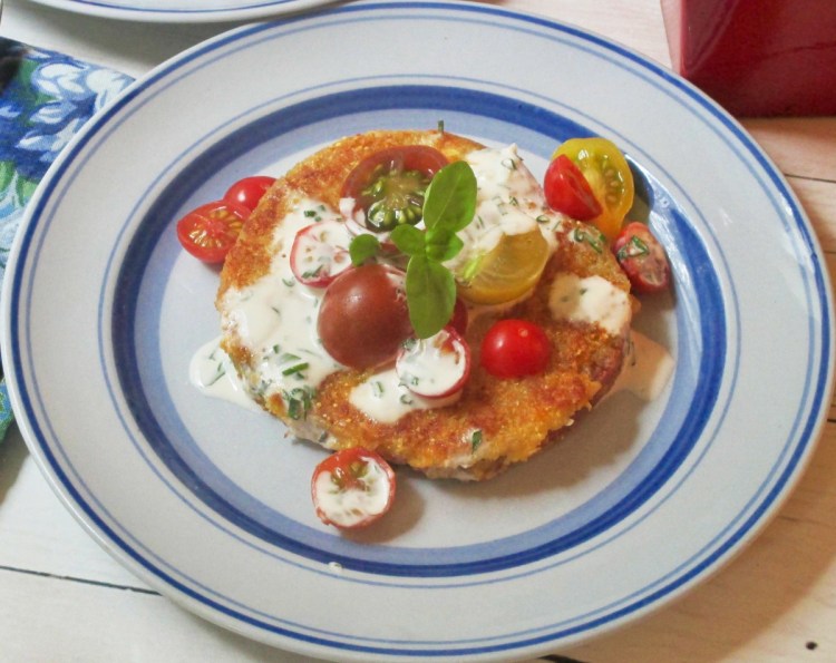 This salad is finished with a dressing made with mayonnaise, buttermilk, garlic and fresh herbs.