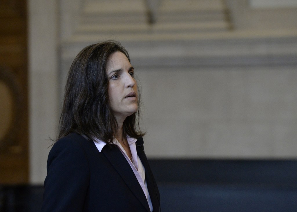 Attorney Andrea Manthorn speaks on behalf of Anthony Lord in front of the Maine Supreme Judicial Court at the Cumberland County Courthouse on Wednesday.