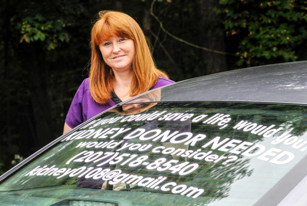 Krystal Reardon is appealing for a life-saving kidney with this sign on her car, seen Thursday in Augusta.