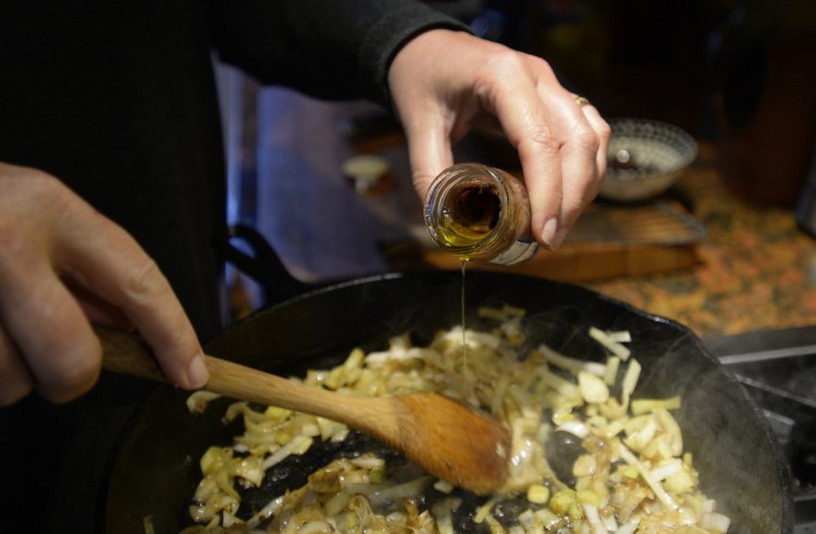 Christine Burns Rudalevige adds anchovy oil to the sauce for her seared monkfish dish.