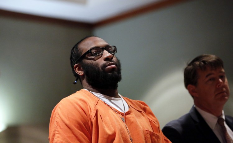 David Marble Jr. stands next to defense lawyer Jon Gale during a hearing on Friday at Cumberland County Court House. Marble sought a new trial after a jury convicted him of murdering two Augusta residents in an execution-style shooting early on Christmas day. Judge Michaela Murphy denied his appeal.