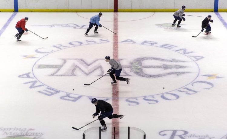 The Maine Mariners practice on home ice Thursday at Cross Insurance Arena. Pro hockey has been absent in Portland since the Pirates moved out of state in May 2016.