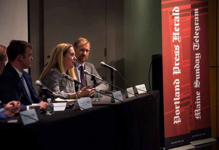Jennifer Small, an associate broker at Malone Commercial Brokers, speaks at a Business Breakfast Forum at the Portland Public Library on Wednesday, Oct. 17, 2018. 