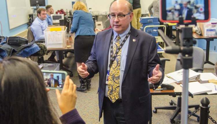 Maine Secretary of State Matthew Dunlap, above, explains the ranked-choice tabulation process, which is open to the public.